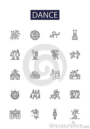 Dance line vector icons and signs. Waltz, Cha-cha, Salsa, Jazz, Tap, Bollywood, Mambo, Boogie outline vector Vector Illustration