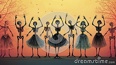 Dance Macabre: Whimsical Skeletons Grooving in Halloween Harmony. Stock Photo