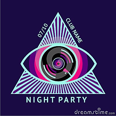 Dance music poster with vinyl record. Psychedelic trance illustration. Night party vector background. Vector Illustration