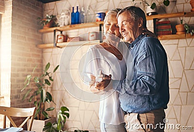 Dance, old couple and love holding hands dancing to music at home in memory of a happy marriage, romance and anniversary Stock Photo