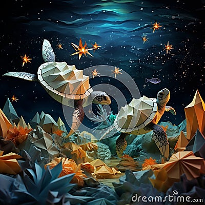 The Dance of the Origami Turtles Stock Photo