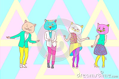 Dance, party, cat mask, team concept Vector Illustration