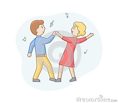 Dance Party Concept. Man And Woman Dancing Together. Satisfied Couple Dance Rhythmic Dancing. Characters Enjoying Dance Vector Illustration