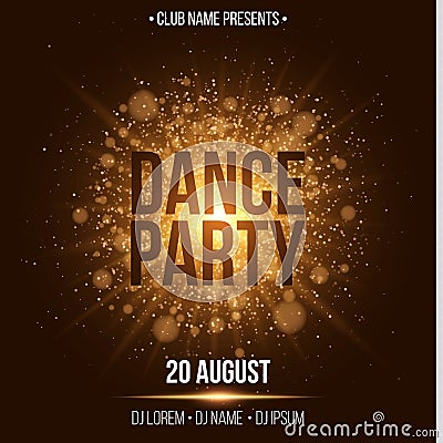 Dance party. Luxurious invitation card. Golden flash with gold dust. Night party. Enter your DJ and club name. Poster for your pro Cartoon Illustration