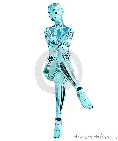 Dance robot woman. Metal azure droid. Cartoon Illustration