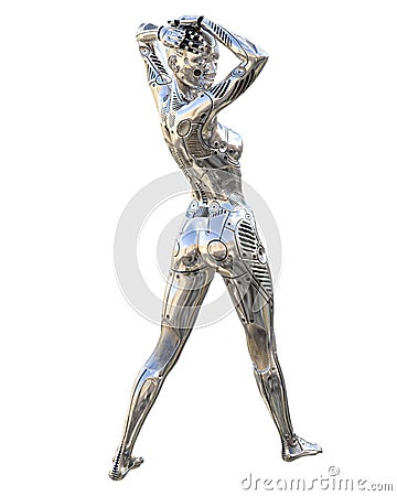 Dance robot woman. Metal shiny silver droid. Artificial Intelligence Cartoon Illustration