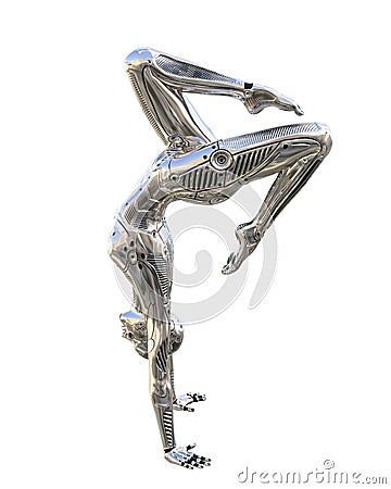 Dance robot woman. Metal shiny silver droid. Artificial Intelligence Cartoon Illustration