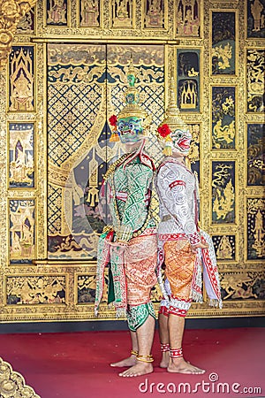 The dance scenes of Thai pantomimes, Hanuman and Tosakan, are standing against each other. Before fighting Stock Photo