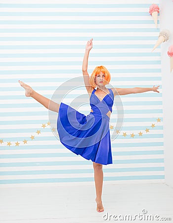 Dance studio for everyone. crazy girl in dance studio. crazy girl dancer in ballerina pose. woman dancing at Stock Photo