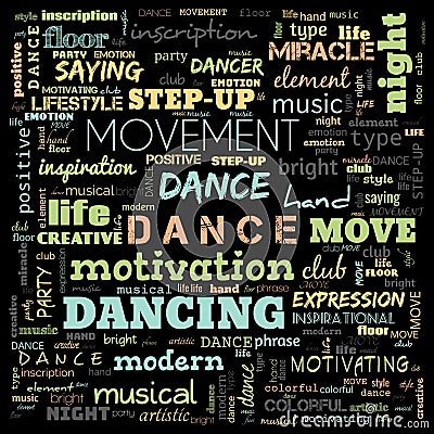 dance word cloud, dance text, dancing word cloud,word cloud use for banner, painting, motivation, web-page, website background, t- Cartoon Illustration