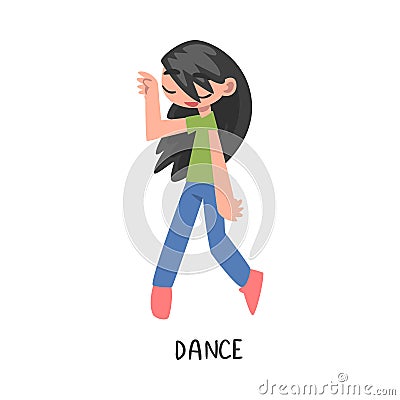Dance Word, the Verb Expressing the Action, Children Education Concept, Cute Dancing Girl Cartoon Style Vector Stock Photo