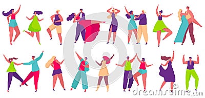 Dancer couples dance tango, people dancing and having fun. Happy characters partying and celebrating, professional Vector Illustration
