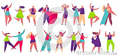 Dancer couples dance tango, people dancing and having fun. Happy characters partying and celebrating, professional dancers vector Stock Photo