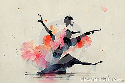 Dancer in a dynamic dance pose, abstract watercolor background Cartoon Illustration