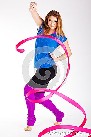 Dancer gymnastic girl with ribbon Stock Photo