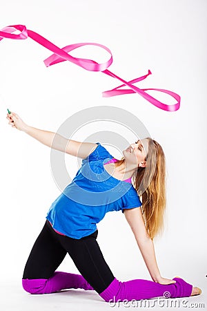 Dancer gymnastic girl with ribbon Stock Photo