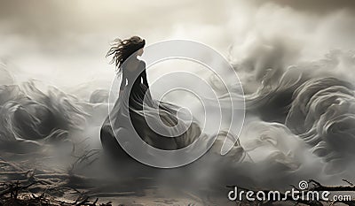 Dancer, outside doors, dance in the dim light, with fog. AI generated Stock Photo