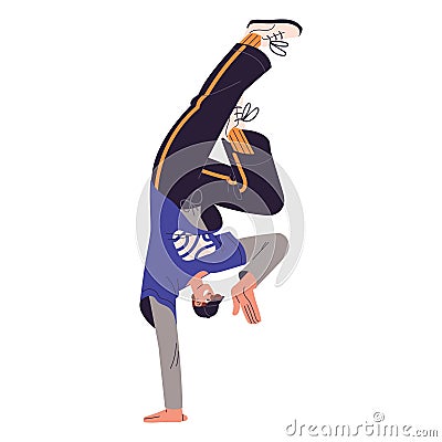 Dancer perform breakdancing, contemporary motions. Young man in hiphop pose handstand. Modern performer in cap dance Vector Illustration