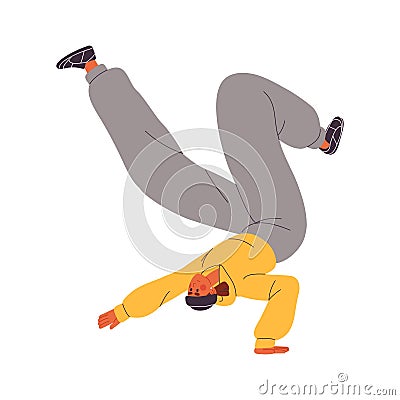 Dancer perform breakdancing. Young man dance in contemporary style. Modern performer in beanie hat in hiphop pose Vector Illustration