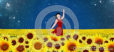 Dancer in a sunflowers field in red dress Stock Photo