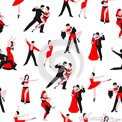 Dancers or dancing party seamless pattern, vector illustration. Cartoon dancing couples man and woman isolated on white Vector Illustration