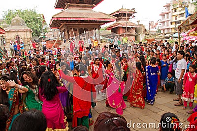 Dancers of Teej festival, Durbar Square, Kathmandu, Nepal Editorial Stock Photo