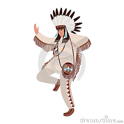 Dancing American Indian wearing ethnic costume and war bonnet. Man performing tribal dance of indigenous peoples of Vector Illustration