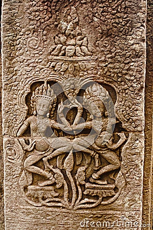 Dancing apsaras bas relief, Bayon temple , Siem Reap, Cambodia. UNESCO World Heritage Site Stock Photo