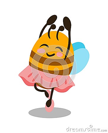 Cute bee dancing in tutu. Vector illustration. Image of bee isolated on white background. Design element for menu poster Vector Illustration