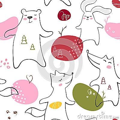 Dancing bear, fox, wolf, bunny baby seamless pattern. Cute animal listens to music with simple abstract design. Vector Illustration