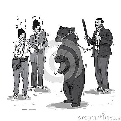 Dancing bear and gypsy trainer and musicians Vector Illustration