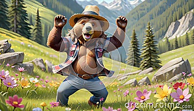 Dancing bear wilderness view high mountain scene Cartoon Illustration