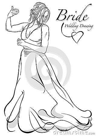 Dancing Bride Black and White Drawing Vector Illustration