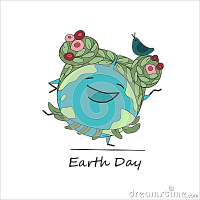 dancing character in the image of a planet. Hairstyle with woven flowers and a singing bird in the hair Vector Illustration