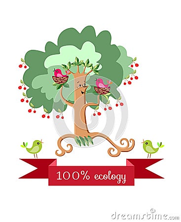 Dancing cherry tree in the form of a stylized woman with bird nests on the branches. Vector Illustration