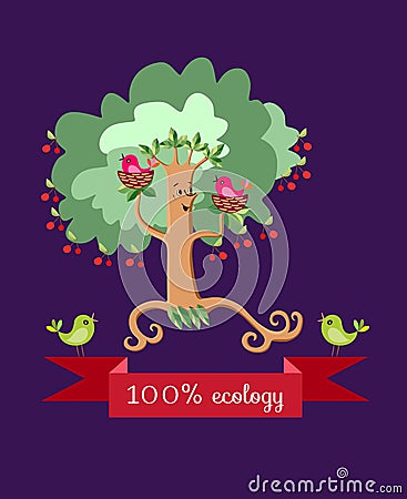 Dancing cherry tree in the form of a stylized woman with bird nests on the branches. Vector Illustration