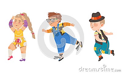 Dancing children set. Boy and girl dancing classical and modern dances cartoon vector illustration Vector Illustration