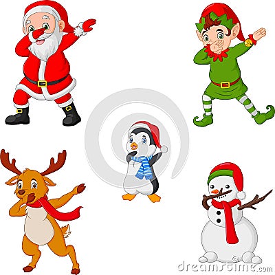 Dancing christmas cartoon santa claus, elf, reindeer, penguin and snowman Vector Illustration