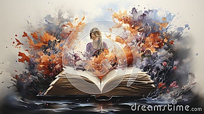 Dancing Colors of Imagination - A Young Woman Lost in the Whimsical World of Books and Butterflies. Stock Photo