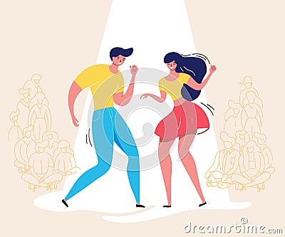 Dancing couple with audience. Rockabilly dance party. Happy swing dancers with viewers vector illustration isolated Vector Illustration