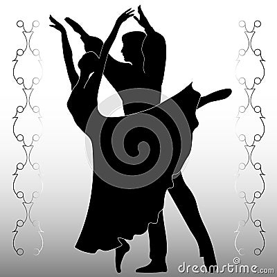 Dancing couple, ballet, black silhouettes on a white background with a border Vector Illustration