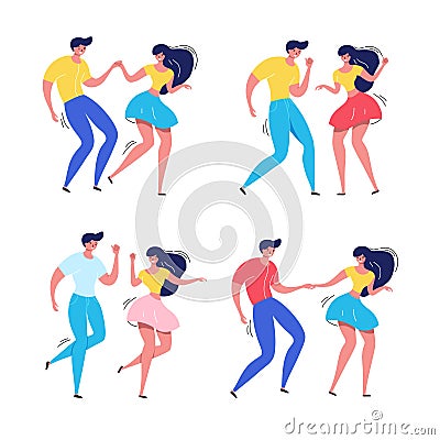 Dancing couple set. Rockabilly dance party. Happy swing dancers vector illustration isolated Vector Illustration