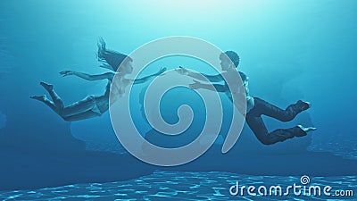 Dancing couple under water Cartoon Illustration