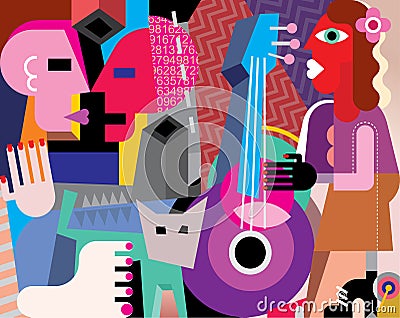 The dancing couple and woman playing guitar Vector Illustration