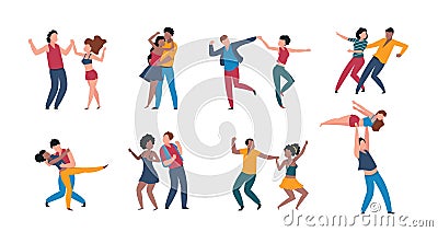 Dancing couples. Cartoon trendy pairs performing dance at choreography school, flat men and women characters. Vector Vector Illustration