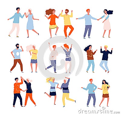 Dancing couples. Funny people male and female crowd dancing tango salsa chacha vector happy characters collection Vector Illustration