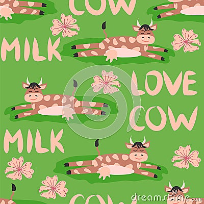 Dancing cow in the meadow cute seamless pattern, splashes of milk and the inscription Milk, Cow, Love. Flat Vector Illustration