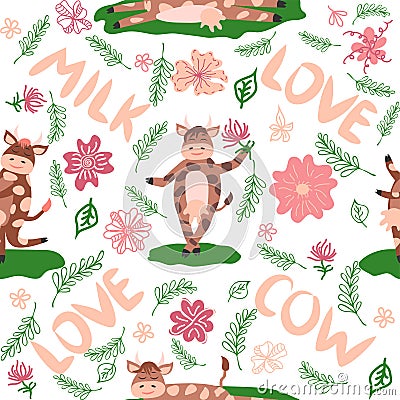 Dancing cow in the meadow cute seamless pattern, splashes of milk and the inscription Milk, Cow, Love. Flat Vector Illustration
