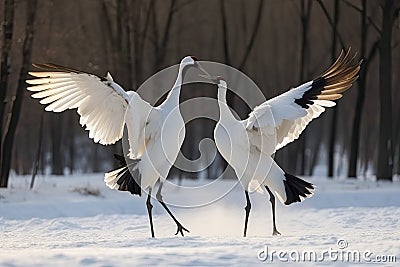 Dancing Cranes. The ritual marriage dance of cranes. The red-crowned crane. Scientific name: Grus japonensis, also called the Stock Photo