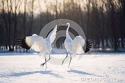 Dancing Cranes. The ritual marriage dance of cranes. The red-crowned crane. Scientific name: Grus japonensis, also called the Stock Photo
